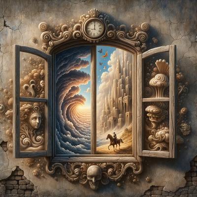 The primary subject of the image is a window with a painting of a wave and a castle in the background. The setting is a brick wall, and the visual style is a painting or drawing. The colors and mood of the image are predominantly dark, with a focus on the intricate details of the painting.